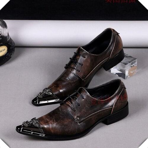 Christia Bella Plus Size British Style Mens Metal Carved Pointed Toe Oxfords Shoes Genuine Leather Male Business Formal Shoes