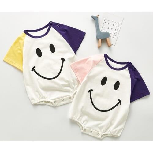 Summer Infant Baby Girls Cute Romper Newborn Cartoon Short-Sleeved Rompers Boys Stitching 2-Color Simple Casual Bag Fart Clothes