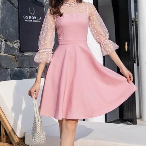 Elegant Turtleneck Mech Sheer Flare Sleeve Polka Dot Print Chiffon Patchwork Party Dress A Line Sexy Cocktail Dress Plus Size