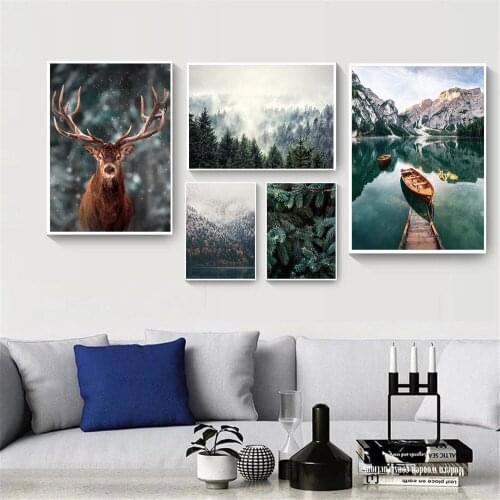 Nordic Fog Forest Animal Deer Wall Art Canvas Print Mountain Lake Boat Landscape Painting Scandinavian Poster Picture Home Decor