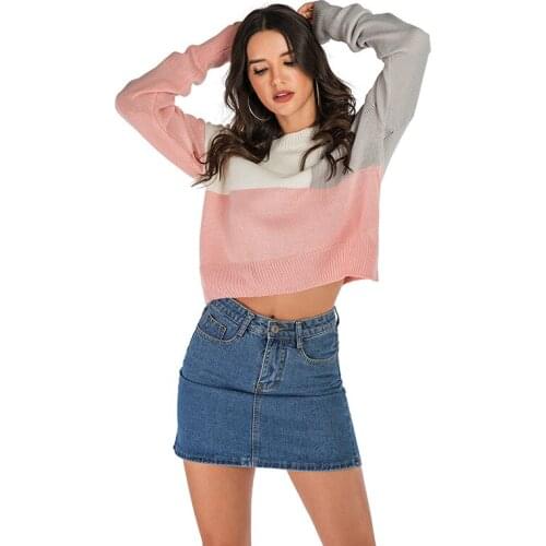 Neatie kiddie Patchwork Color Women Knitted Pullover Sweater 2019 Fashion Streetwear Casual O-neck Jumper Pull Femme
