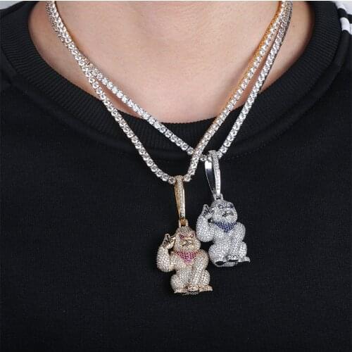 Hip Hop Micro Paved AAA+ Cubic Zirconia Iced Out Bling Big Buckle Gorilla Animal Pendants Necklace for Men Rapper Jewelry