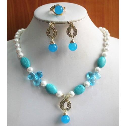 Engagement! Wholesale Womens 8mm white pearl mixed blue turqoise Necklace earring ring(7/8/9) jewelry set 0