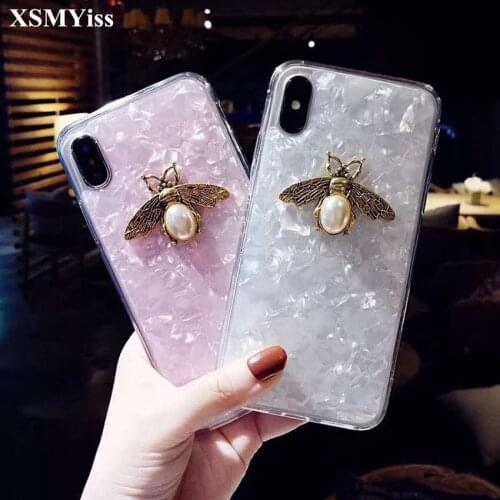 XSMYiss Luxury Clear TPU Case For iPhone X XS Max XR 6s 7 8 Plus Soft Silicone TPU Metal Bee Conch Phone Case Back Cover Capa