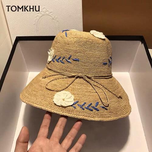 Fashion Raffia Straw Hat Female Summer Embroidery Flowers Literary Travel Holiday Seaside Beach Hat Sun Protection Big Edge Cap