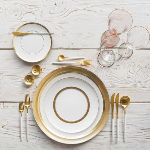 Gold Rim Tableware Restaurant Plate Food Dish Gilt Luxury Porcelain Plate Western Family Restaurant Wedding Food Tray Dinnerware