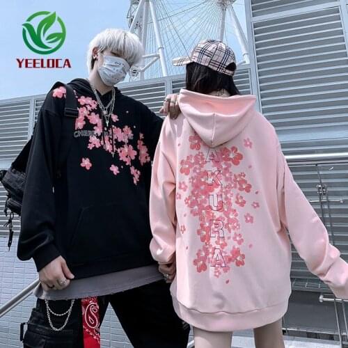 2019 Dropshipping Chinese Style Cherry Blossom Hoodie Oversized Couple High Street Hip Hop Rock Band Sweatshirt Autumn Winter