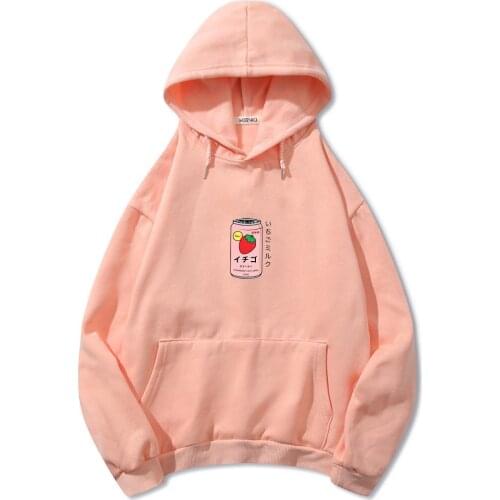 Kawaii Strawberry Milk Hoodie Harajuku Cotton Sweatshirt Oversized Graphic Pocket Hoodies Women Winter Schoolgirl Winter Clothes