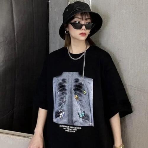 Gaono Ladies Rock Punk Top Summer Short Sleeve Streetwear T-shirt Femme Dark Skull Print Vintage Tees Loose Korean Album Shirt