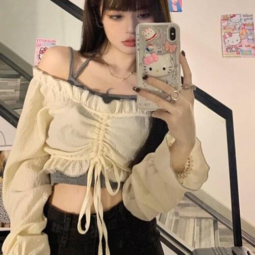 Retro Y2k Fashion Puffs Sleeve T-shirt Womens 2021 Summer Off Shoulder Drawstring Crop Top Ruffles Sweet Gothic Streetwear