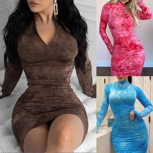 Women Long Sleeves Sexy Bodycon Midi Pencil Dress Gradient Tie-Dye Print Half Zip Up Ruched Pleated Clubwear