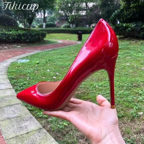 Tikicup Solid Red Women Patent Pointed Toe High Heels Ladies Chic Stiletto Pumps Wedding Bridal Shoes 8cm 10cm 12cm