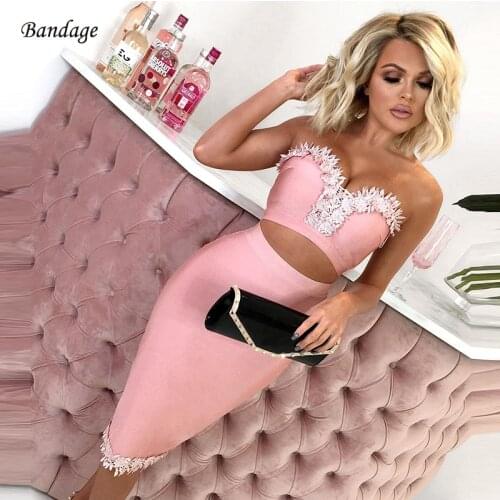 2 Two Piece Set Women Bandage Dress Bodycon Sexy Appliques Strapless Short Crop Top And Skirt Nightclub Party Sets Pink Blue