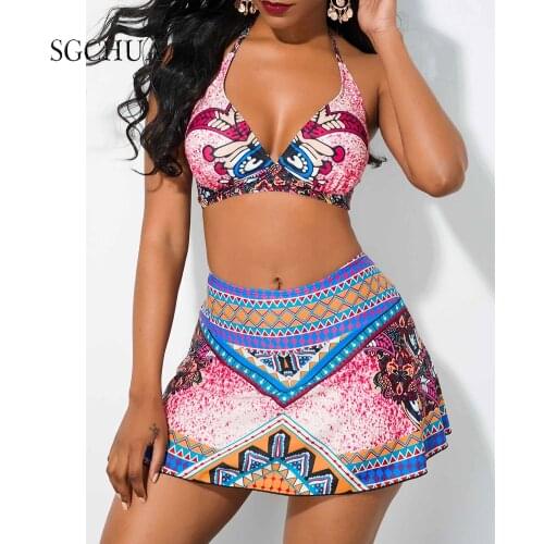 Large Size Womens 2 Piece Swimsuit High Waist Swimsuit Female With Skrit Bikini Set Print Retro Vintage Bikinis 2021 Brazilian