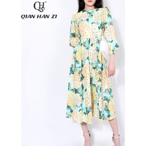 Qian Han Zi 2021 summer designer runway fashion cotton dress Womens lantern sleeves Flowers printing vintage slim dress