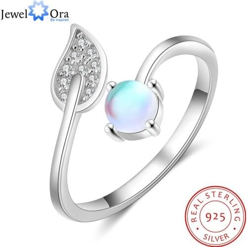 JewelOra Delicate Zirconia Leaf 925 Sterling Silver Moonstone Ring Female Finger Adjustable Rings for Women Best Friend Gifts