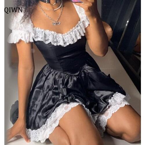 Gothic Sexy Bow Lace Black Mini Dress Harajuku High Waist Puff Sleeve Lolita Dress Y2K Streetwear Punk Ladies Partywear