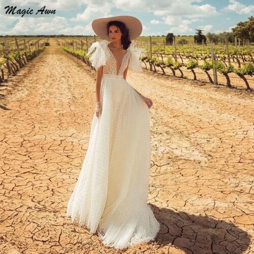 Magic Awn 2021 Boho Wedding Dresses Spot Tulle Illusion Backless Beach A-Line Bridal Gowns Simple Country Bow Vestidos De Novia