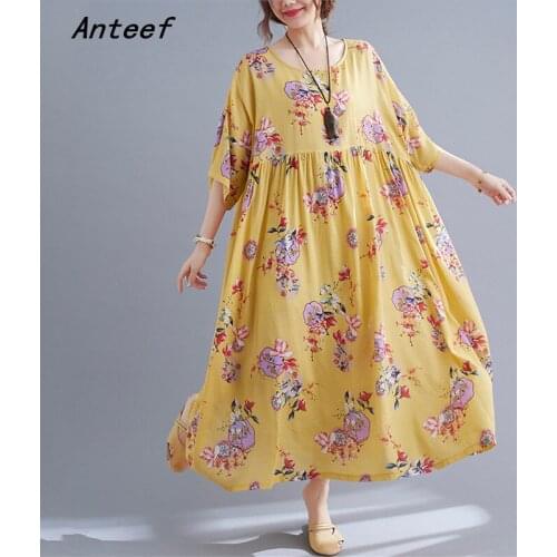 Short sleeve plus size cotton vintage floral dresses for women casual loose long woman summer dress elegant clothes 2021