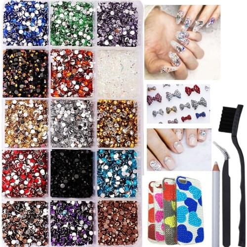 15 Grids 15000Pcs Nail Art Rhinestones/Non Hotfix Rhinestones Mixed Color Stone Nail Art Flatback Rhinestones for Nail Art Decor