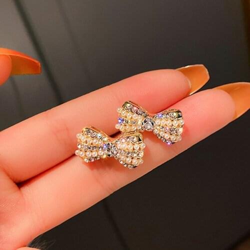 2021 Fashion Jewelry Korean Trendy Gold Plated Crystal Zircon Pearl Bow Earrings Unusual Brincos Stud Earrings For Women Girls