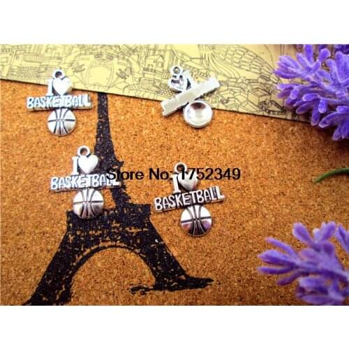 20pcs-Basketball Charms. Antique silver Tone I love Basketball pendants,Jewelry Making 20X22mm