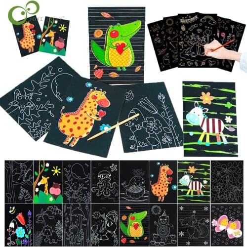 6Pcs/Set Magic Scratch Painting Art Paper Card Set Cute Cartoon Zoo Sea Animal Kids Learning Art Painting Children Gifts YJN