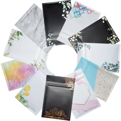 100Pcs Printed Flower Glossy Matte Aluminum Foil Zip Lock Bag Tear Notch Self Grip Seal Reusable Resealable Food Packing Pouches