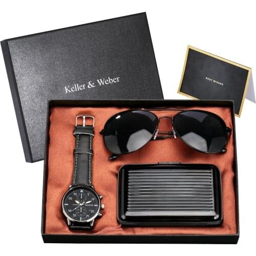 Keller & Weber Watches Mens Gift Set Quartz Wristwatch Credit Card Case Sunglasses BirthdayThanksgiving Gifts with Box