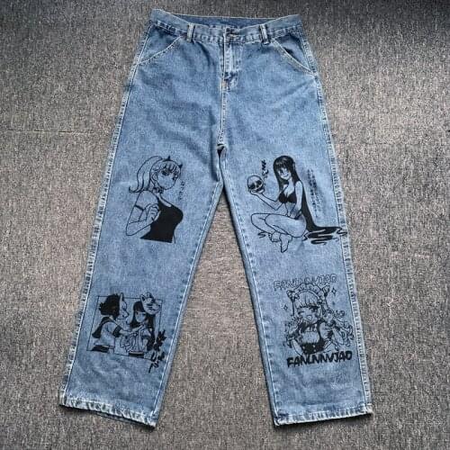 Jeans Women Trousers Streetwear Cotton Loose High Waist Wide Leg Pants Female Vintage Washed Cartoon Print Straight Cowboy Man