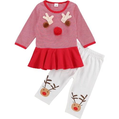 Newborn Baby Girls Boys 2pcs Suit Christmas Elk Striped Long Sleeve Tops T-Shirt Cartoon Trousers Infant Autumn Festival Set