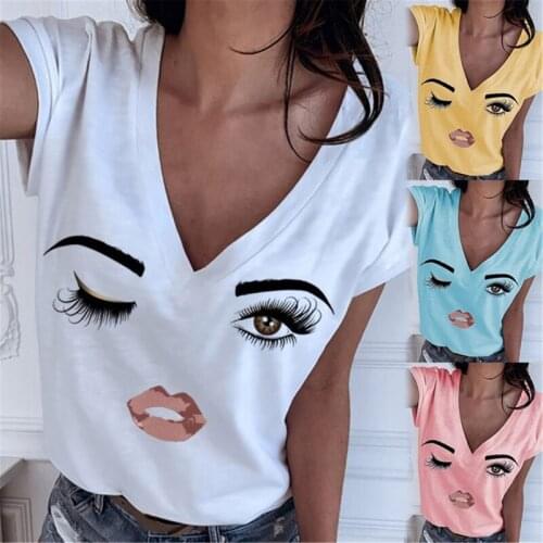 2021 Summer S-2XL Plus Size Eyebrows Eyes Deep V-neck Womens T-shirt New Solid Casual Womens Tops Short Sleeve Tshirts Funny