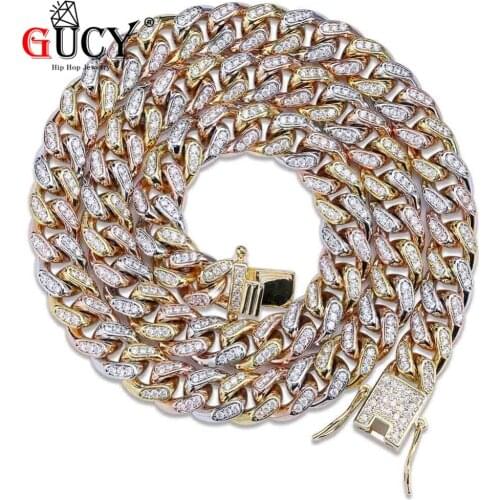 GUCY Hip Hop Miami Cuban Chain Necklace Copper Rose Gold Silver Color Plated Micro Paved CZ Stones 10mm Width Necklaces For Men