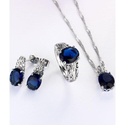 Classical royal blue synthetic sapphire pendant earring ring set 18K white Gold plating pendant earring ring set