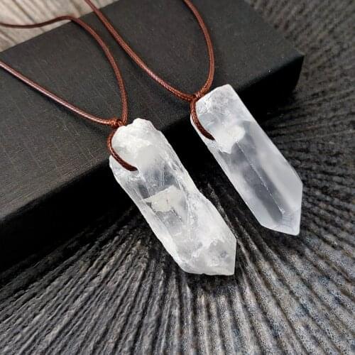White Crystal Necklace Pillar Stone Drop Pendant Charms Necklace for Women Men Brown Rope Chain Wholesale