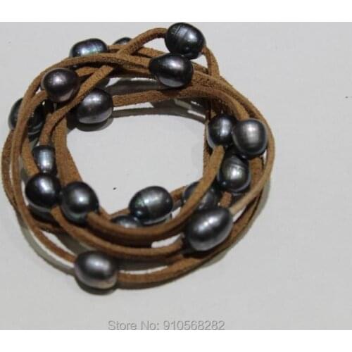 Light Brown Leather Black Pearl and Leather Freshwater Pearls Necklaces 9x12mm 120cm