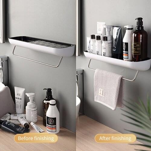 Bathroom Shelf Shower Caddy Organizer Wall Mount Shampoo Rack With Towel Bar No Drilling Kitchen Storage Bathroom Accessories