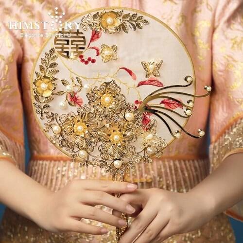 HIMSTORY Luxury Chinese Gold Butterfly Bridal Fan Bouquets Classic Handmade Embroidery Round Hand Fan Wedding Accessories