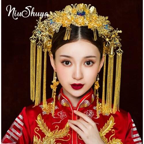 NiuShuya Traditional Chinese Style Bridal Headdress Blue Butterfly Ancient Hairpins Beaded Wedding Jewelry Hair Accessories