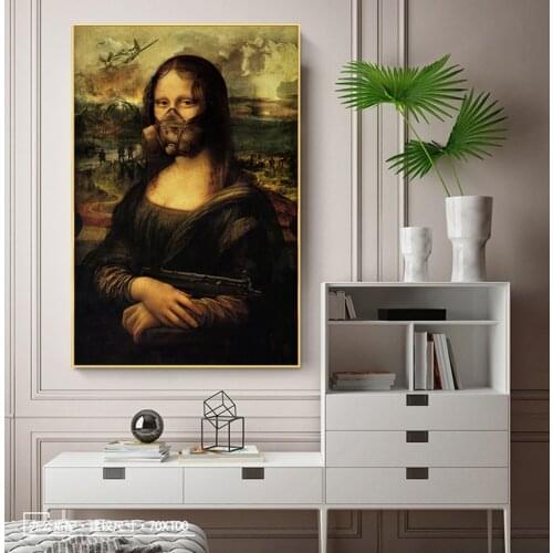 Funny Art Mona Lisa Hold A Gun In The War Wall Art Pictures Canvas Paintings Posters and Prints for Living Room Decor