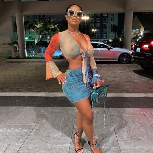 Womens Long Sleeve Short Skirt Suit Fashion Printing Bandage Cropped Tops and High Waist Tight Skirt