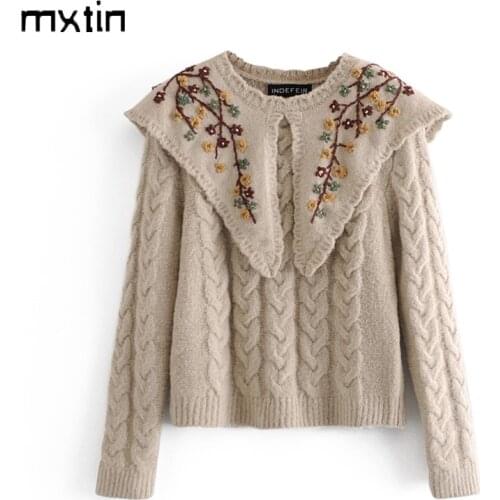 2020 Winter Vintage Embroidery Knitted Womens Sweater Fashion Turn-down Collar Long Sleeve Pullovers Ladies Chic Jumper Mujer
