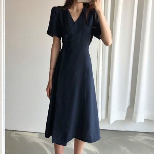 Female Slim V Neck Office Lady Dresses 2020 New Femininity V-neck Slim Skirt French Retro Lace Mid-length Short-sleeved Dress