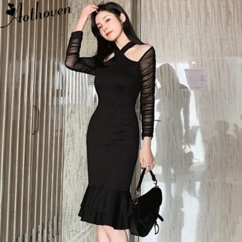 2020 Spring Wrap Mermaid Dress Women Black Halter Long Sleeve Mesh Patchwork Elegant Dress Party Bodycon Bandage Dresses Vestido