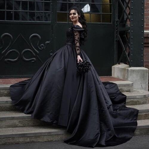 2020 Vintage Gothic Black Wedding Gowns Beaded Top Ruffles Sheer Single Long Sleeve Custom Made Bridal Gown