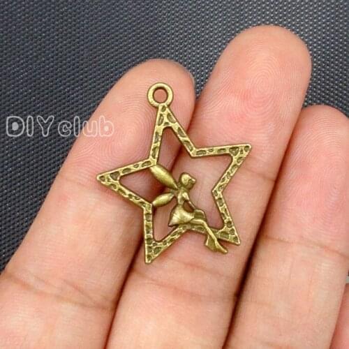 60pcs-Fairy Charms Antique Bronze Intricate and Dainty Sitting in Star Pendant 29x25mm
