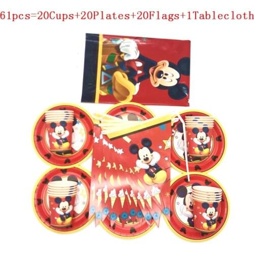 Party Supplies 61Pcs/31Pcs Disney Red Mickey Mouse Kids Tableware Boy Girl Birthday Plate Cup Flag Tablecover Decorations Supply