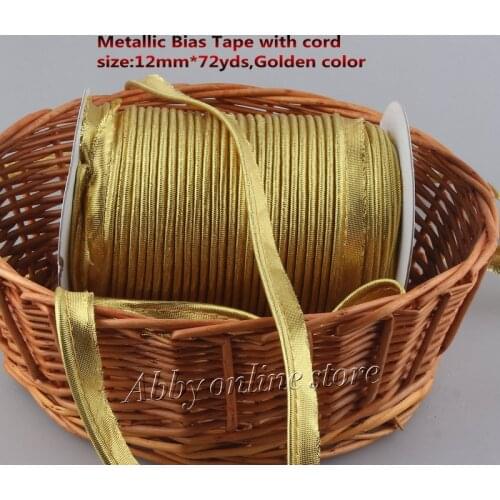 Free Shipping-Metallic Bias Tape with cord,Gold/Golden color ,bias Piping tape,size:12mm*72yds,1/2",DIY sewing item accessories
