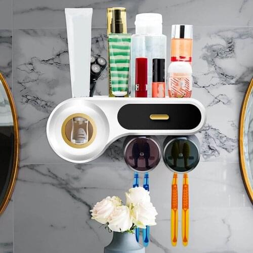 Toothbrush Holder for Bathroom, Toothpaste Dispenser Wall Mounted, 4 Brush Slots 2 Cups 1 Cosmetic Drawer