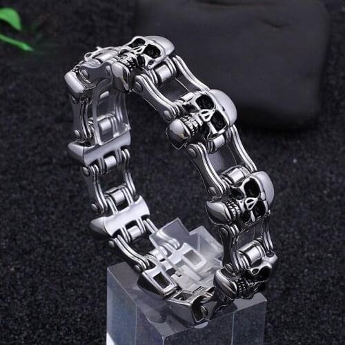 Jewels Store High Quality 23cm Stainless Steel Link Chian Bracelets Men Heavy Chunky Skull Head Charm Bracelet Punk Biker Jewel